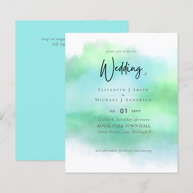 Simple Aqua Blue Fade Green Modern Budget Wedding (Front/Back)