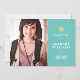 Simple Aqua Blue-Green Photo Graduation Party Invitation