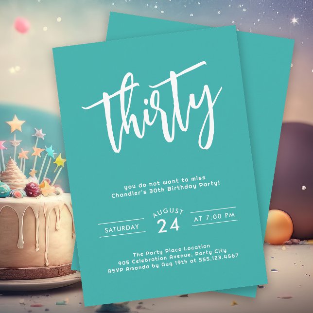 Simple Aqua Colourful 30th Birthday Party Invitation (Celebrate 30 with pizzazz with this vibrant aqua birthday party invitation.)