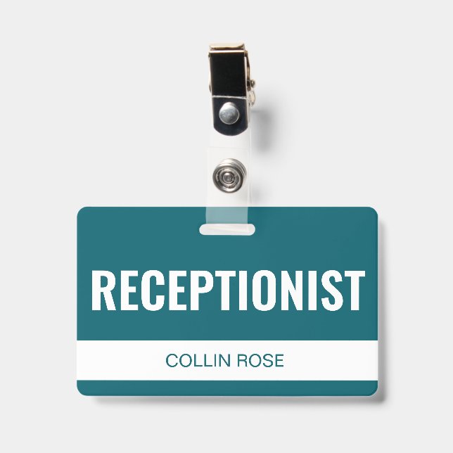 Simple Aqua Custom Hotel Receptionist Employee ID Badge (Front with Clip)