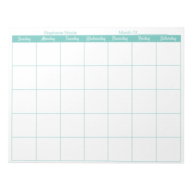 Simple Aqua Thin Border Name Monthly Planner  Notepad (Front)
