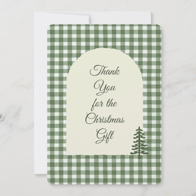 Simple Arch Christmas Tree Green Gingham Thank You Card (Front)