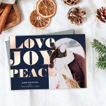 Simple arch love peace joy happy photo<br><div class="desc">Simple arch love peace joy typography happy holidays Christmas photo with real rose gold foil</div>