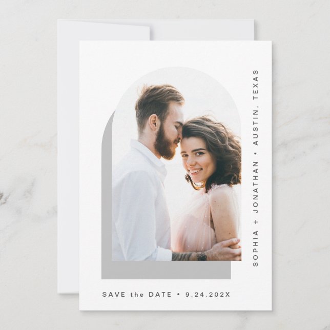 Simple Arch | Modern Two Photo Grey and White Save The Date (Front)