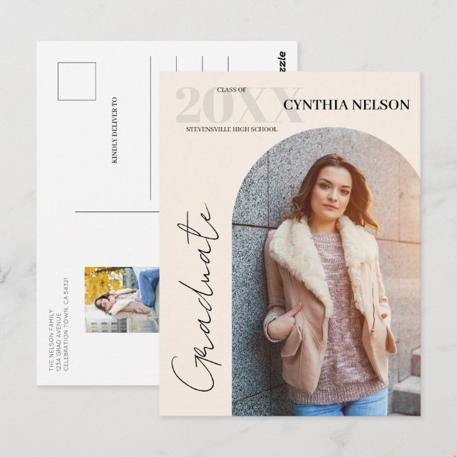 Simple Arch Photo Beige Graduation Announcement Postcard (Front/Back)
