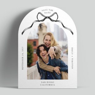 Simple Arch Photo Black Bow Wedding Save the Date Invitation