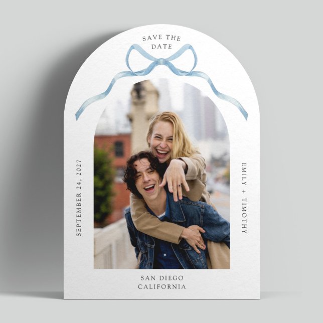 Simple Arch Photo Blue Bow Wedding Save the Date Invitation (Creator Uploaded)