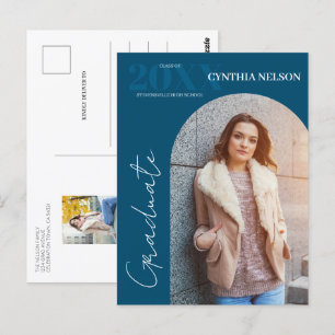 Simple Arch Photo Blue Graduation Announcement Postcard
