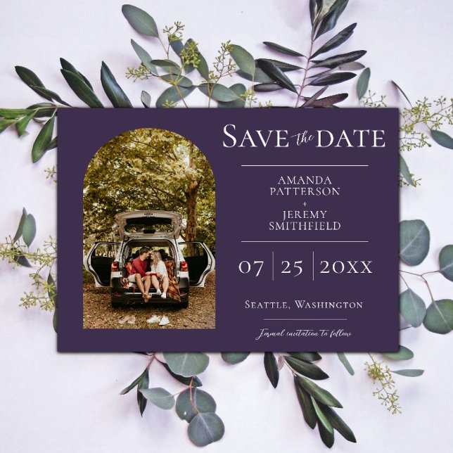 Simple Arch Photo | Purple Save the Date (Purple Simple Arch Photo Save the Date)