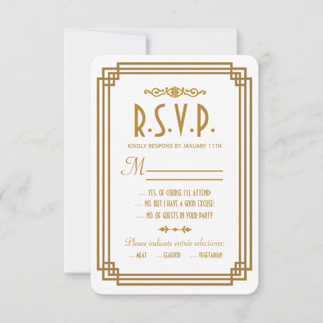 Simple Art Deco White Wedding RSVP Response Cards (Front)