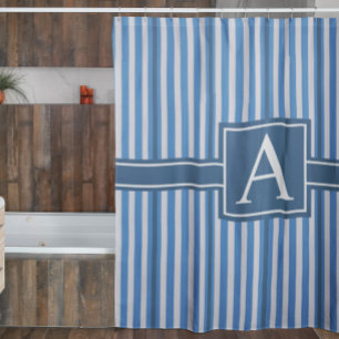 Simple Asst Sizes Blue and White Stripes Monogram Shower Curtain