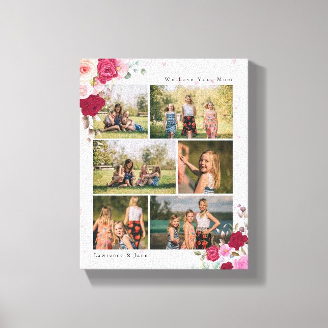 Simple B&W Botanical Floral Mum 6 Photo Collage Canvas Print (Front)