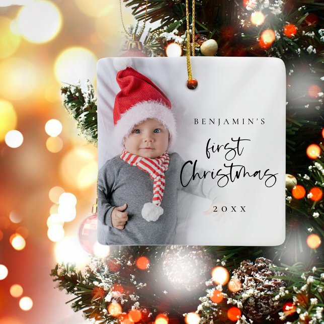 Simple Baby 1st Christmas Script Name Year Photo Ceramic Ornament (The same design is on both sides)