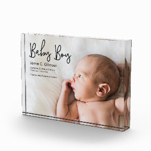 Simple Baby Boy announcement Modern Script Photo Block