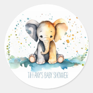 Simple Baby Elephant with Mummy's Name Baby Shower Classic Round Sticker