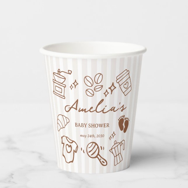 Simple Baby Is Brewing Doodle Coffee Baby Shower Paper Cups (Front)