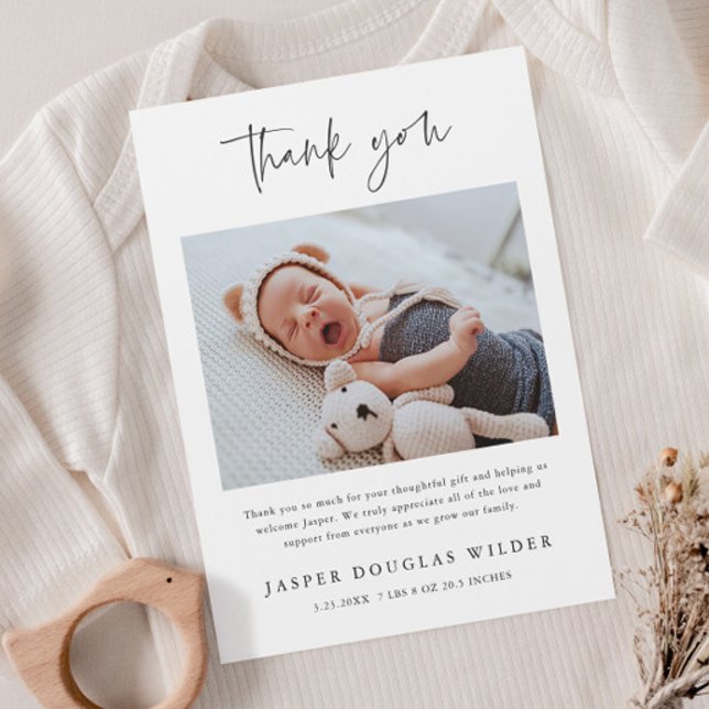 Simple Baby Photo Birth Stats Thank You Card (Simple modern script baby photo thank you card birth stats announmcents.)