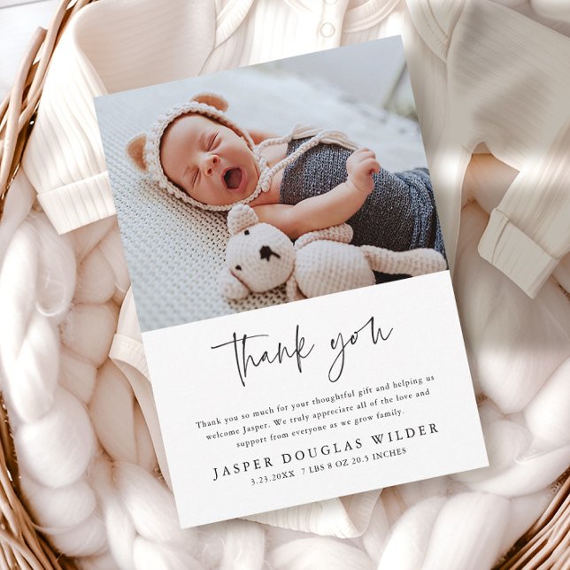 Simple Baby Photo Birth Stats Thank You Card (Simple baby photo birth stats thank you post cards.)