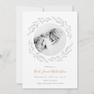 Simple Baby Photo Botanical Garland Boy Birth  Announcement