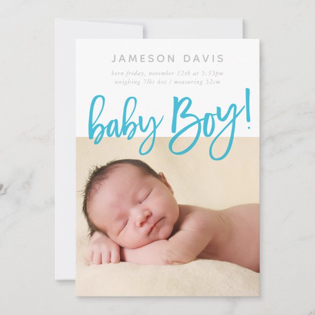 SIMPLE BABY PHOTO modern boy aqua script lettering Announcement (Front)