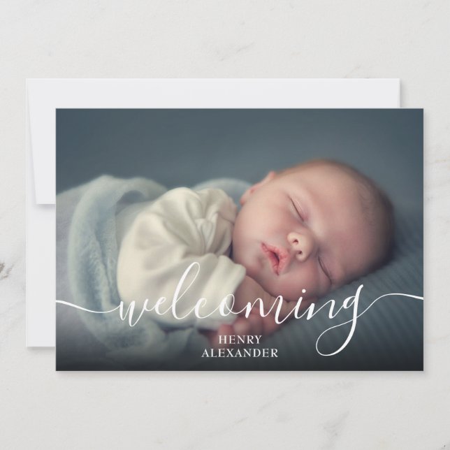 Simple Baby Photo Script Welcoming Boy Blue Birth Announcement (Front)