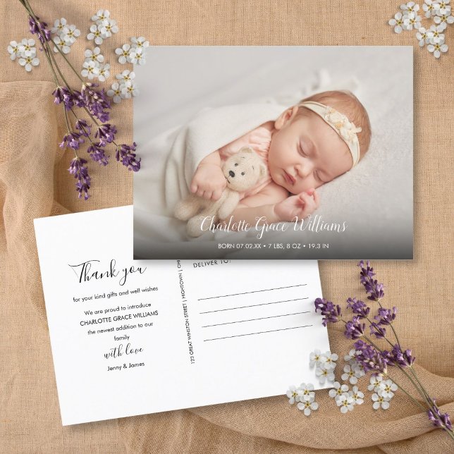 Simple Baby Photo Thank You Elegant Script Birth  Announcement Postcard (Simple Baby Photo Thank You Elegant Script Birth Announcement Postcard)