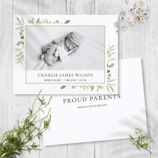 Simple Baby Photo Watercolor Greenery Birth  Announcement Postcard (Creator Uploaded)