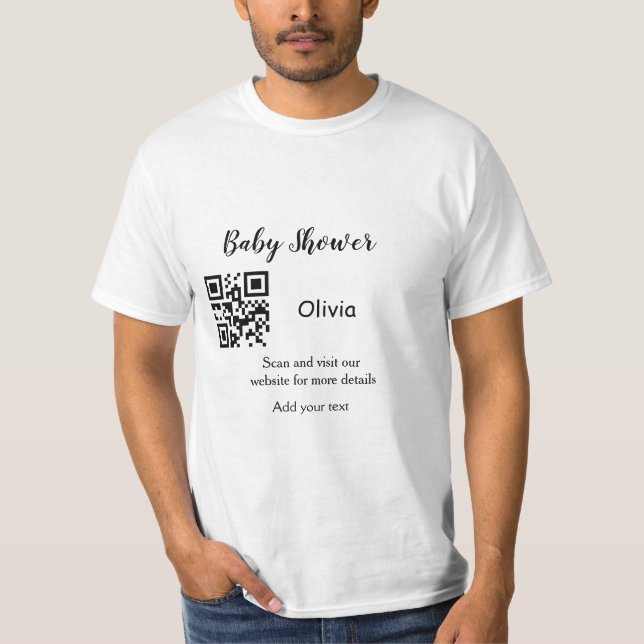Simple baby shower website barcode QR add name det T-Shirt (Front)