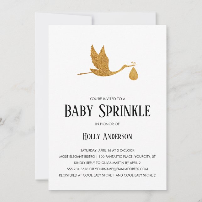 Simple Baby Sprinkle Faux Gold Foil Stork w Bundle Invitation (Front)
