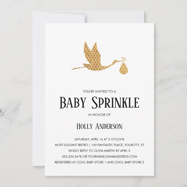 Simple Baby Sprinkle Preppy Gold Stork w Bundle Invitation (Front)