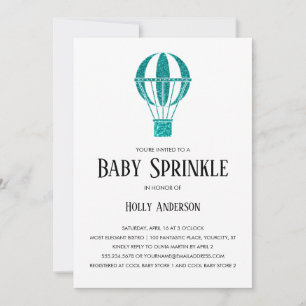 Simple Baby Sprinkle Teal Glitter Hot Air Balloon Invitation
