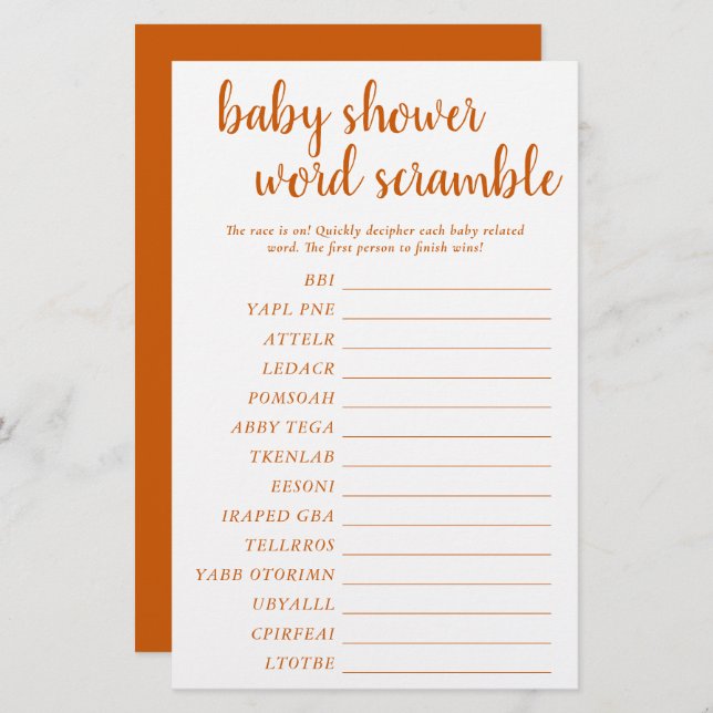 Simple Baby Word Scramble | Fall Orange Game Card (Front/Back)