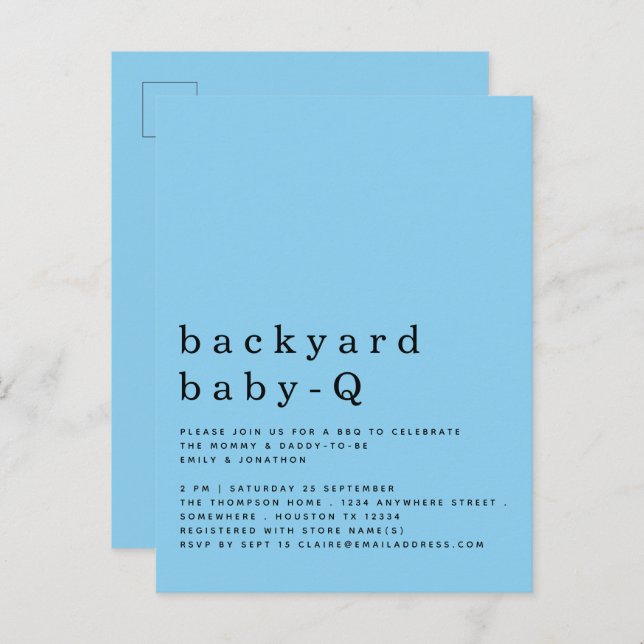 Simple Backyard Baby Q BBQ Shower Blue Invitation Postcard (Front/Back)