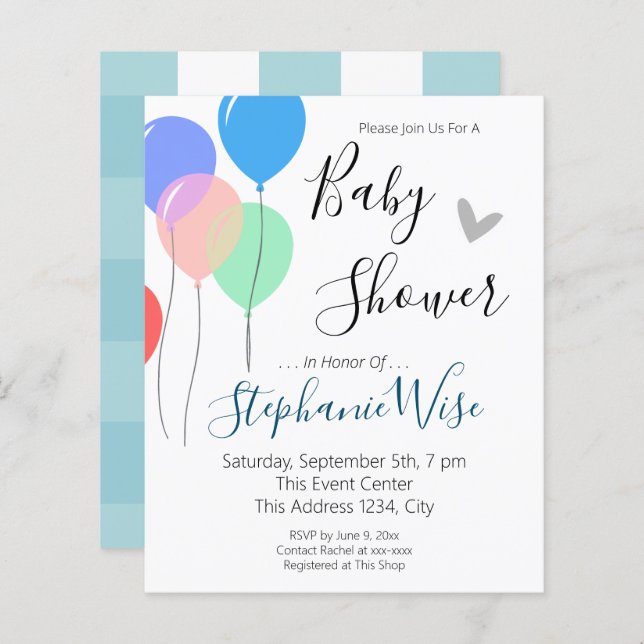 Simple Balloon Baby Shower Budget Invitation (Front/Back)