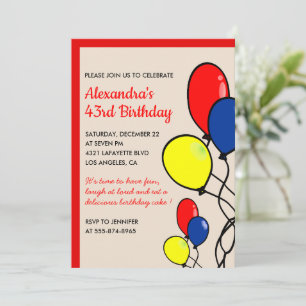 Simple Balloons 43rd birthday invitations 