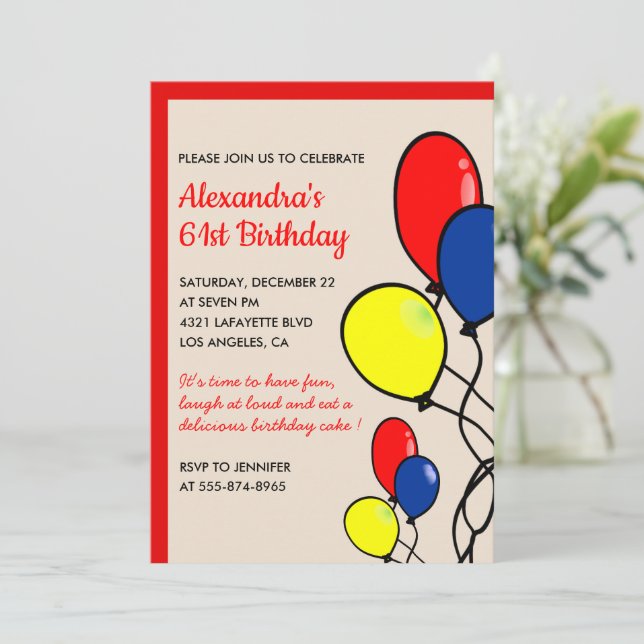 Simple Balloons 61st birthday invitations  (Standing Front)