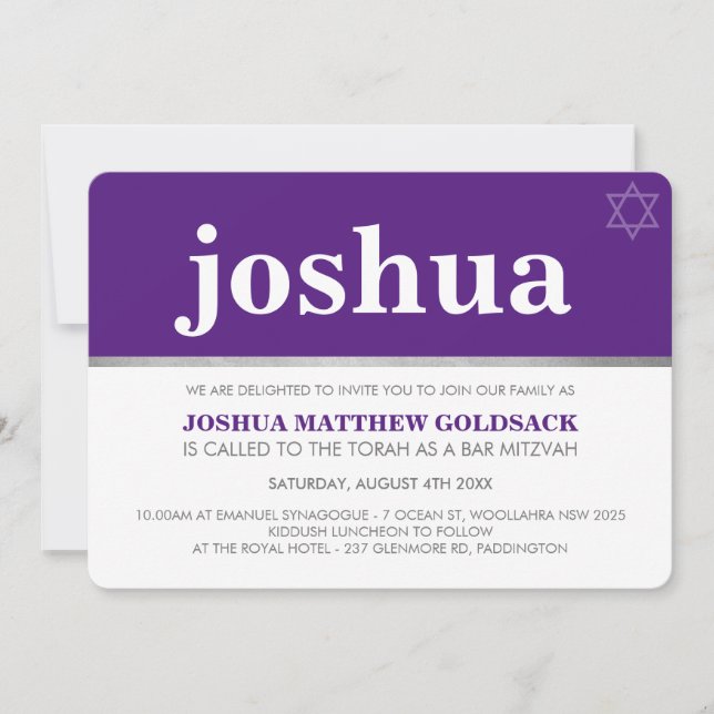 SIMPLE BAR MITZVAH cool modern name star purple Invitation (Front)