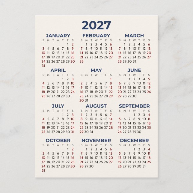 Simple Basic 2027 Calendar Minimal Your Colours Postcard (Front)
