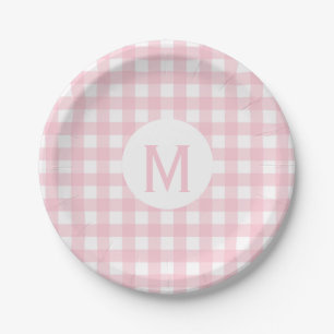Simple Basic Baby Pink Gingham Monogram Paper Plate