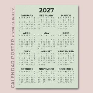 Simple Basic Sage Green 2027 Calendar Poster