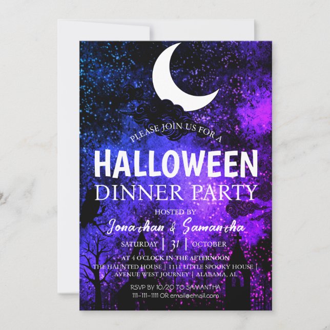 Simple Bats Night Full Moon Halloween Dinner Party Invitation (Front)