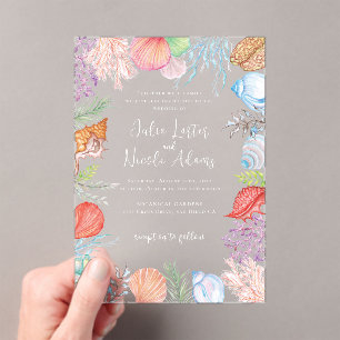 Simple Beach Blue Ocean Seashell Wedding Acrylic Invitations