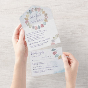Simple Beach Ocean Seashell Wreath Wedding All In One Invitation