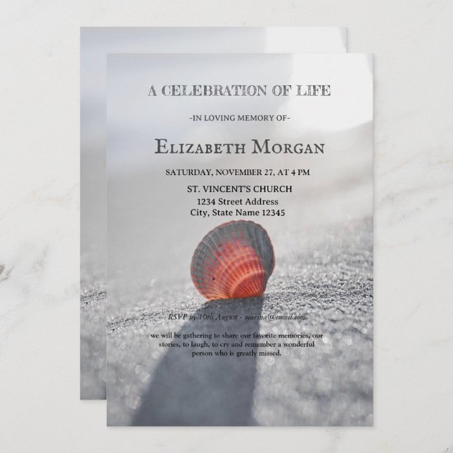 Simple Beach Seashell Celebration Of Life   Invitation (Front/Back)