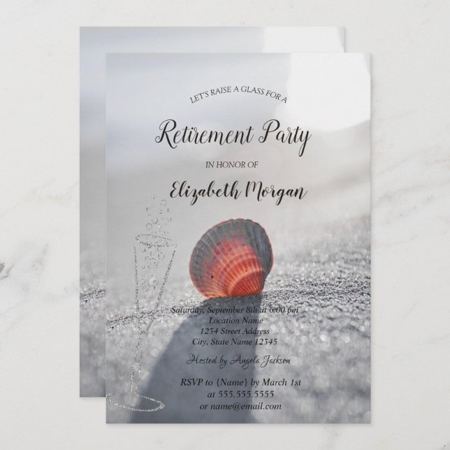 Simple Beach Seashell Wine Glass Retirement  Invitation (Front/Back)