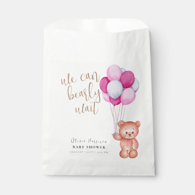 Simple Bearly Wait Bear Pink Balloon Baby Shower  Favour Bags (Front)