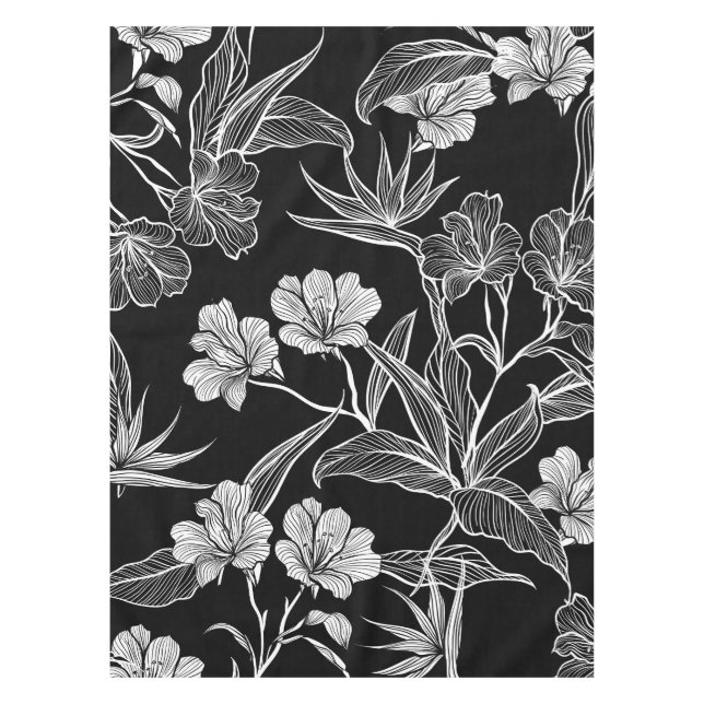 Simple Beautiful Black and White Floral Pattern Tablecloth (Front)
