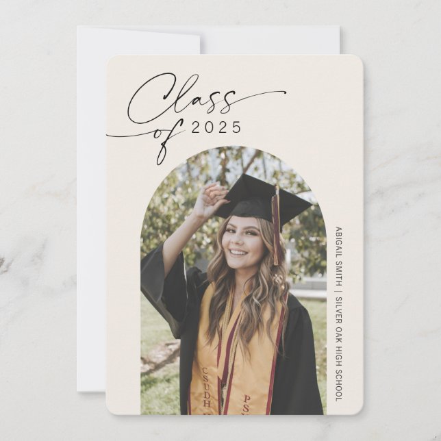 Simple beige, aesthetic arched photos graduation announcement (Front)