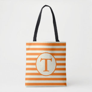 Simple Beige and Orange Striped Monogram Tote Bag