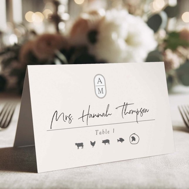 Simple beige, modern initials, meal options  place card (Creator Uploaded)